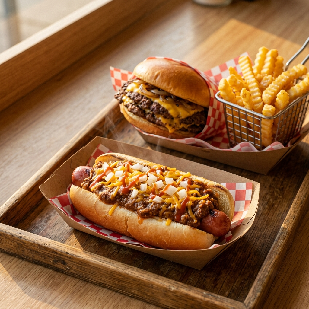 Loaded chili cheese hot dog and stacked burger hack served on a tray