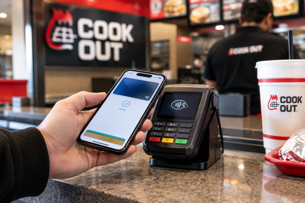 Smartphone next to a contactless payment terminal at a Cook Out counter