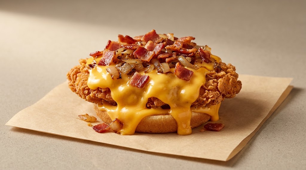 A photorealistic, high-end editorial food photograph showing a fast-food chicken sandwich heavily smothered in melted liquid cheddar cheese sauce, chopped crispy bacon, and savory grilled onions, illustrating the visual impact of the 'Cheddar Style' secret menu hack. Set on a plain kraft-paper wrapper over a neutral counter.