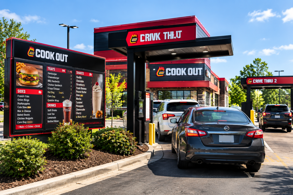 Cook Out restaurant with double drive-thru lanes and menu boards