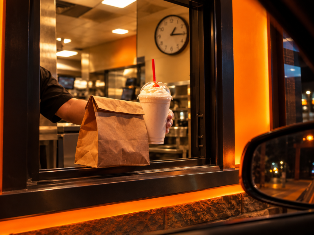 Cook Out drive-thru window open late at night with food and milkshake being handed to a customer
