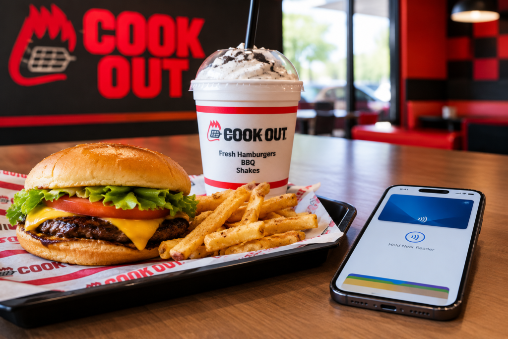 Cook Out burger and fries beside a smartphone showing contactless payment