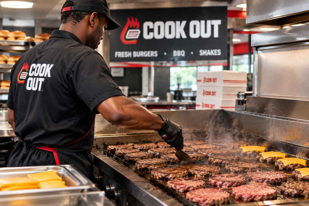 Cook Out employee preparing fresh burgers on a grill