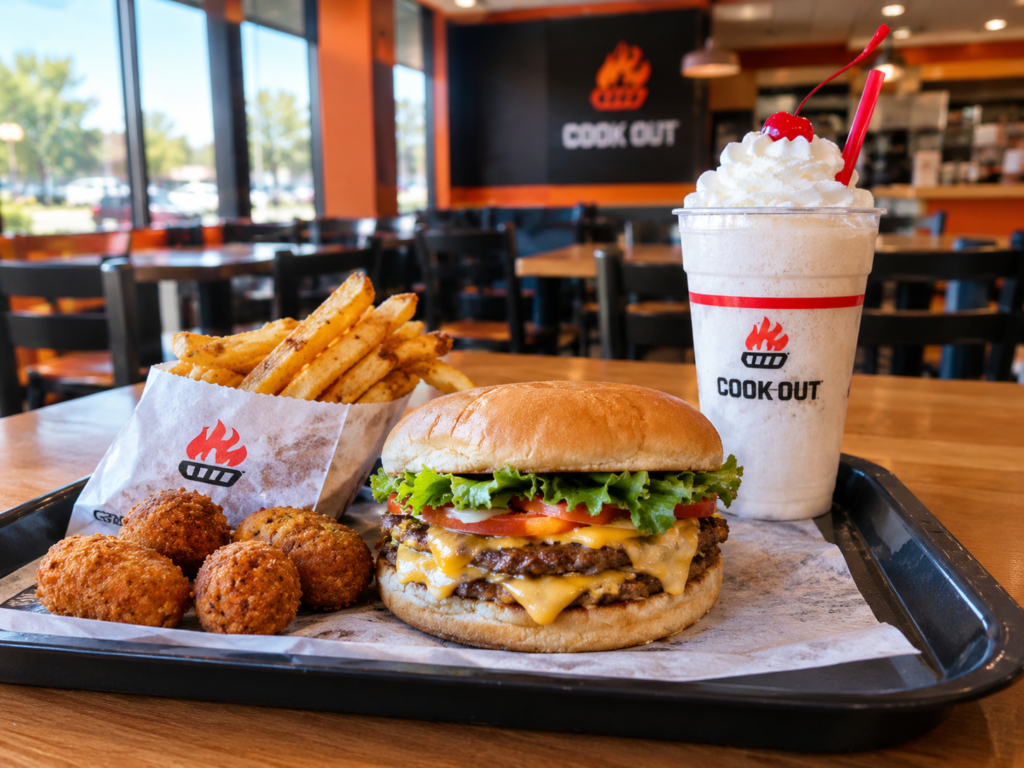 Cook Out regular menu meal available after morning opening