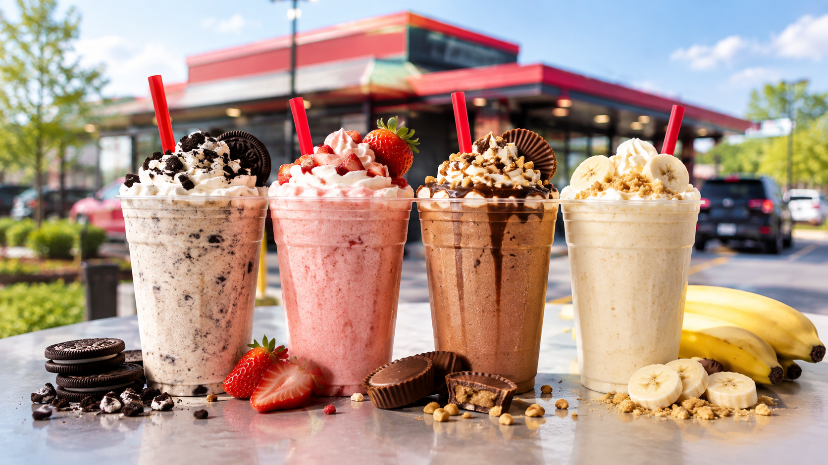 Four Cook Out milkshakes representing different flavors