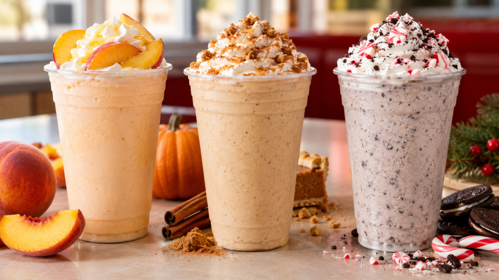 Seasonal Cook Out milkshakes with peach, pumpkin and peppermint flavors