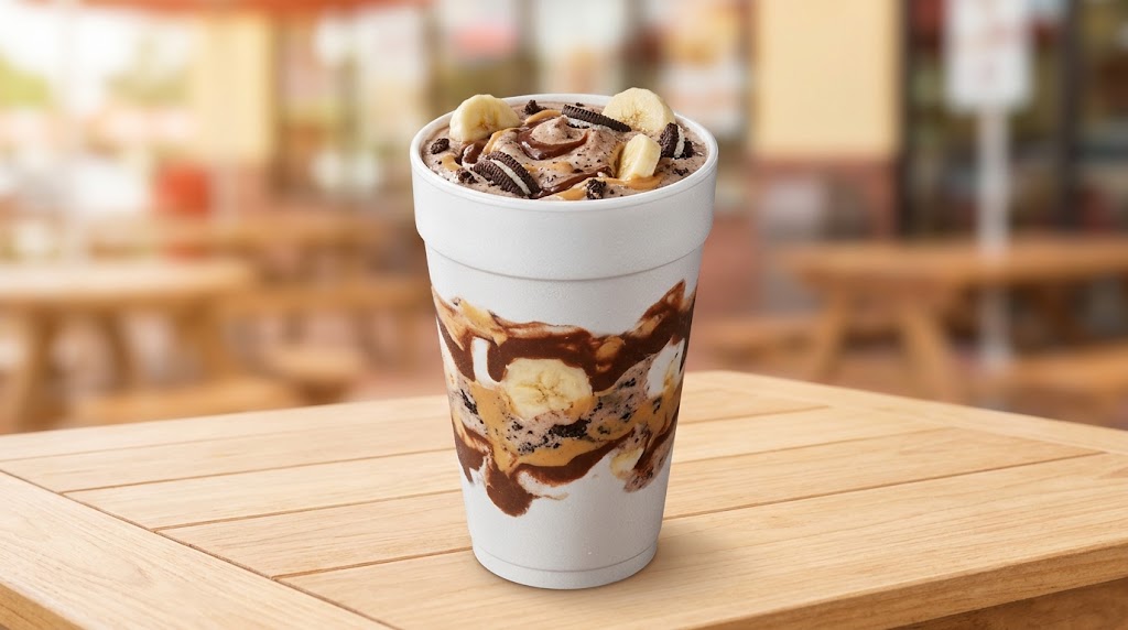 Photorealistic commercial fast-food milkshake in a generic plain white cup, overflowing with customized mix-ins like chocolate fudge, banana chunks, peanut butter streaks, and crushed chocolate sandwich cookies, representing endless secret menu shake combinations.