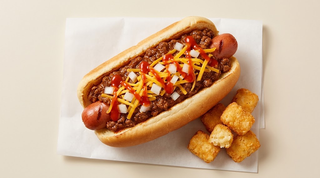 A professional food flat-lay photo of a loaded fast-food 'Mexi Dog' (hot dog with chili, cheddar, onions, and hot sauce) on a plain white food wrapper next to a small side of golden crispy white cheddar cheese bites. No logos are visible.