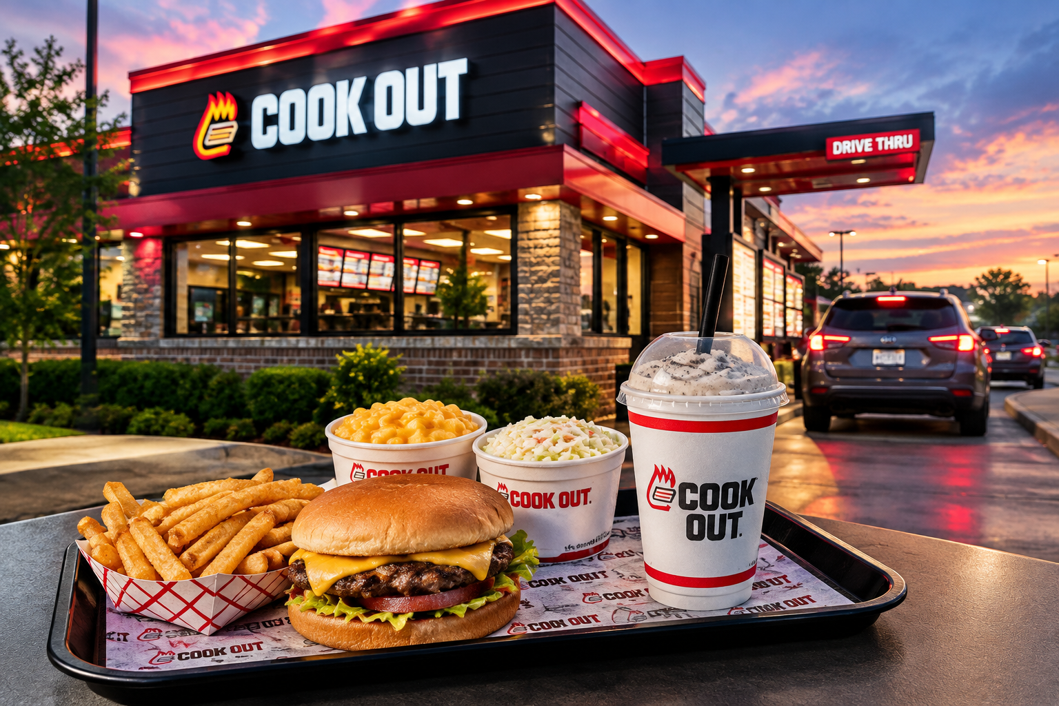 Cook Out meal tray with burger, sides, and drink outside the restaurant