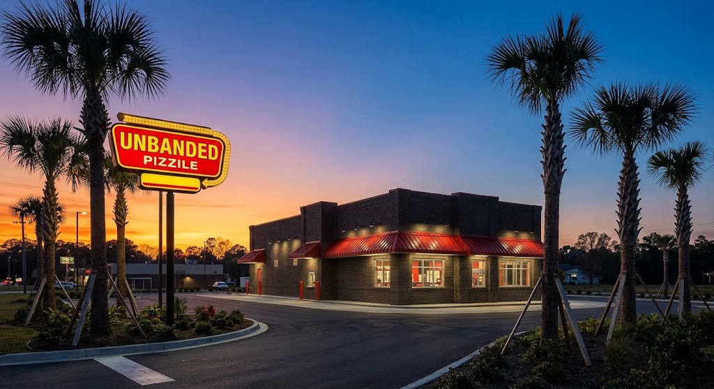A photorealistic image of a glowing fast-food restaurant sign framed by the silhouettes of Florida palm trees against a warm sunset sky, representing Cook Out's 2026 expansion into the state.