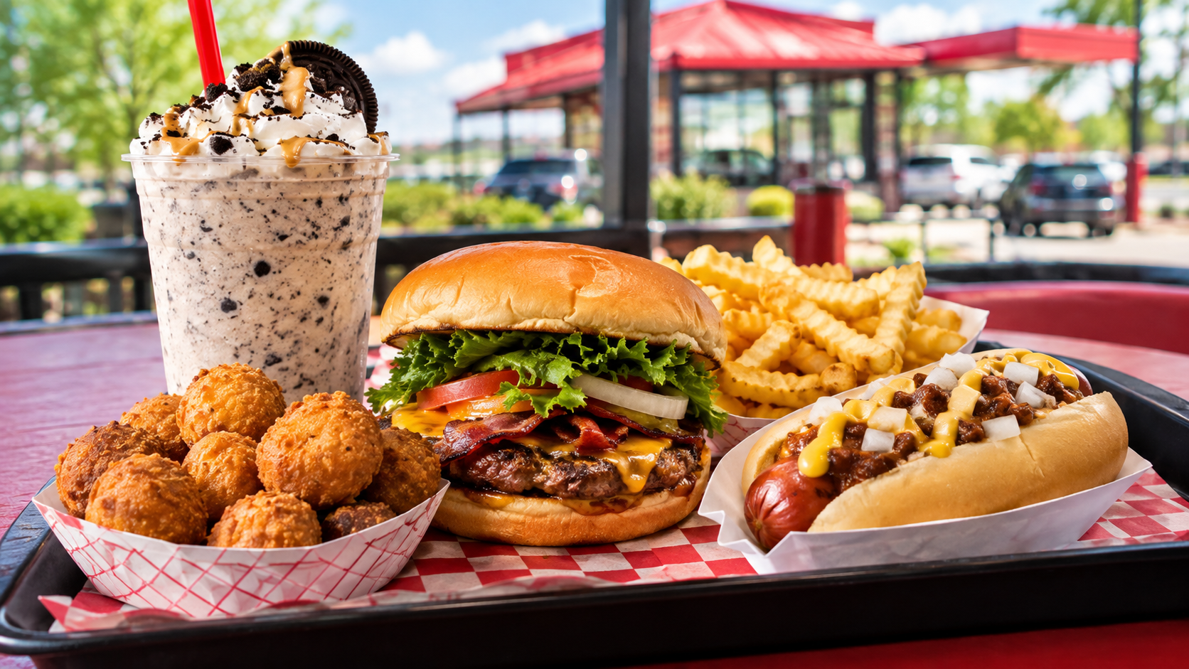 Cook Out-style burger, hot dog, fries, and milkshake showing customizable secret menu ideas