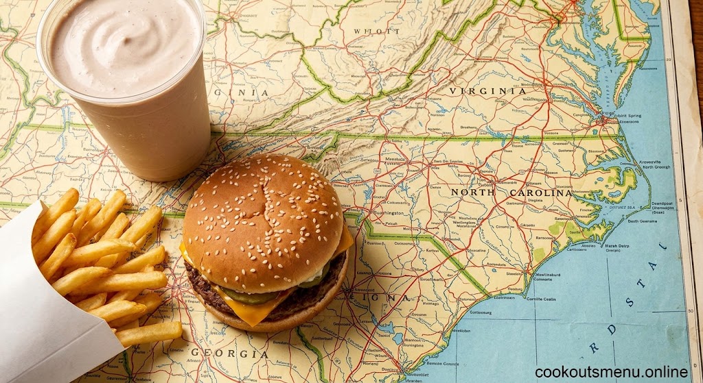A photorealistic flat-lay of a fast-food burger, fries, and milkshake resting on an unfolded roadmap of the Southeastern United States, illustrating the regional locations of Cook Out restaurants.
