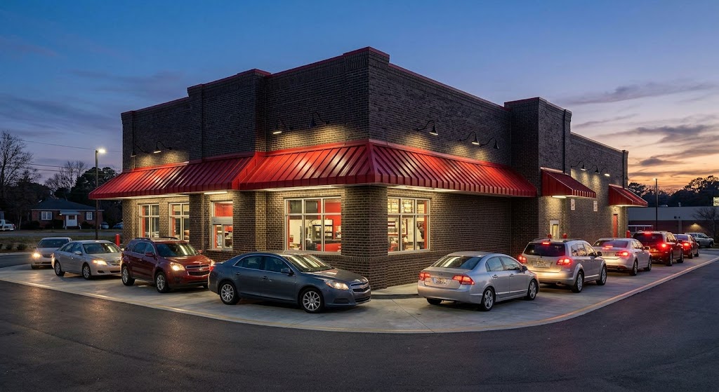 A high-quality exterior photograph of a classic fast-food double drive-thru building with a red awning at dusk, representing the original architectural style of Cook Out restaurants in North Carolina.