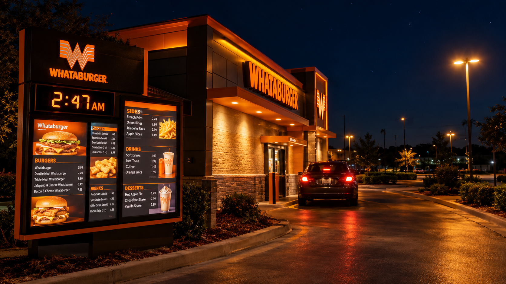 Cook Out drive-thru open late at night showing the restaurant exterior and menu board at 2:47 AM