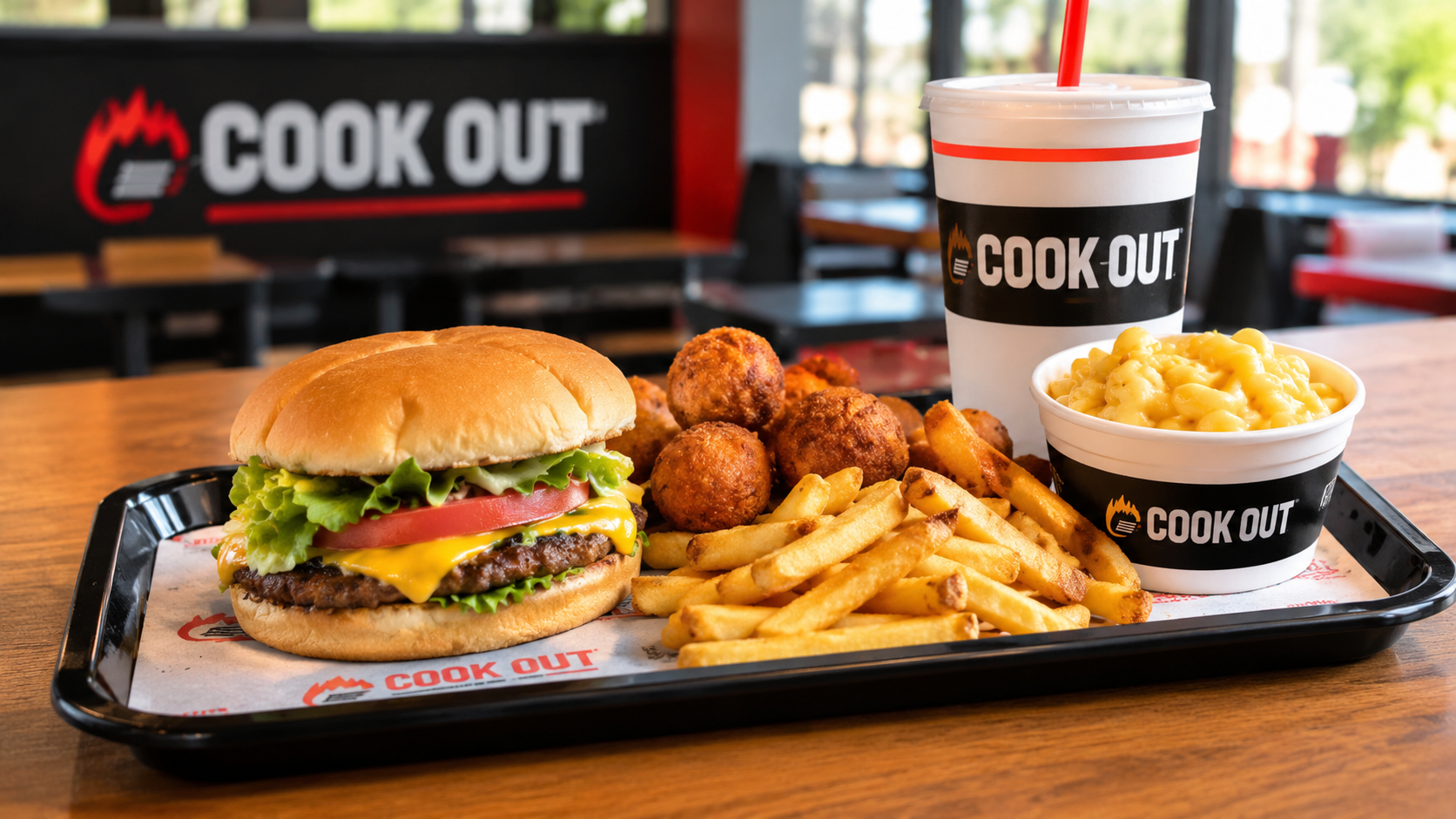 Fast-food tray meal with a cheeseburger, fries, crispy sides, and a soft drink